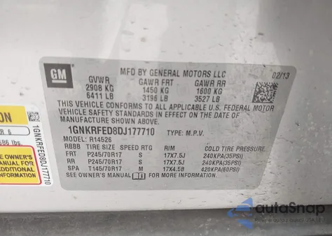 2013 Chevrolet Traverse Ls из США, поврежденный, VIN 1GNKRFED8DJ177710